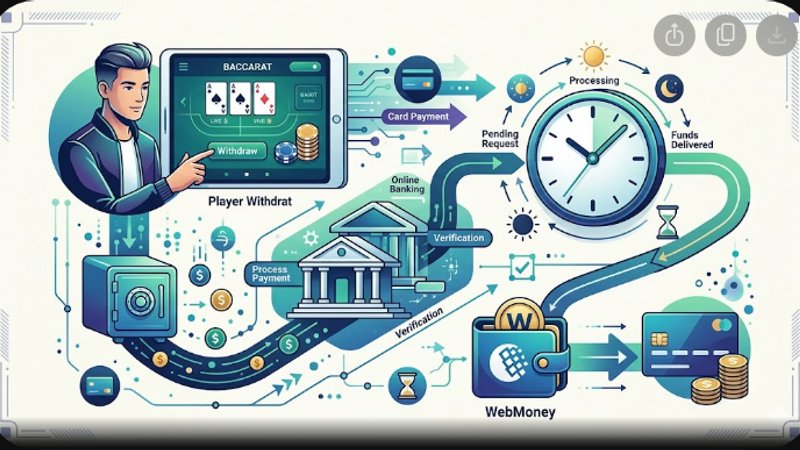 Иллюстрация с элементами карт баккара и символикой WebMoney для статьи о сроках вывода средств