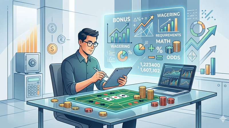 Современная иллюстрация с математическими формулами и картами для анализа условий вейджера в баккаре